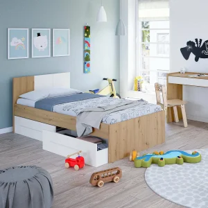 Dabau eenpersoonsbed, 1-persoons containerbed met hoofdeinde, Bedframe met 2 lades voor slaapkamer, 196x97h77 cm, Geknoopt eiken en wit Dabau eenpersoonsbed, 1-persoons containerbed met hoofdeinde, Bedframe met 2 lades voor slaapkamer, 196x97h77 cm, Geknoopt eiken en wit