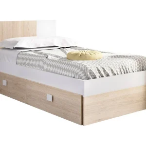Dkoepk eenpersoonsbed, Sommier voor slaapkamer, Bedframe voor kamer, Matrashouderstructuur, 97×196 h79 cm, Wit en Eiken Dkoepk eenpersoonsbed, Sommier voor slaapkamer, Bedframe voor kamer, Matrashouderstructuur, 97×196 h79 cm, Wit en Eiken