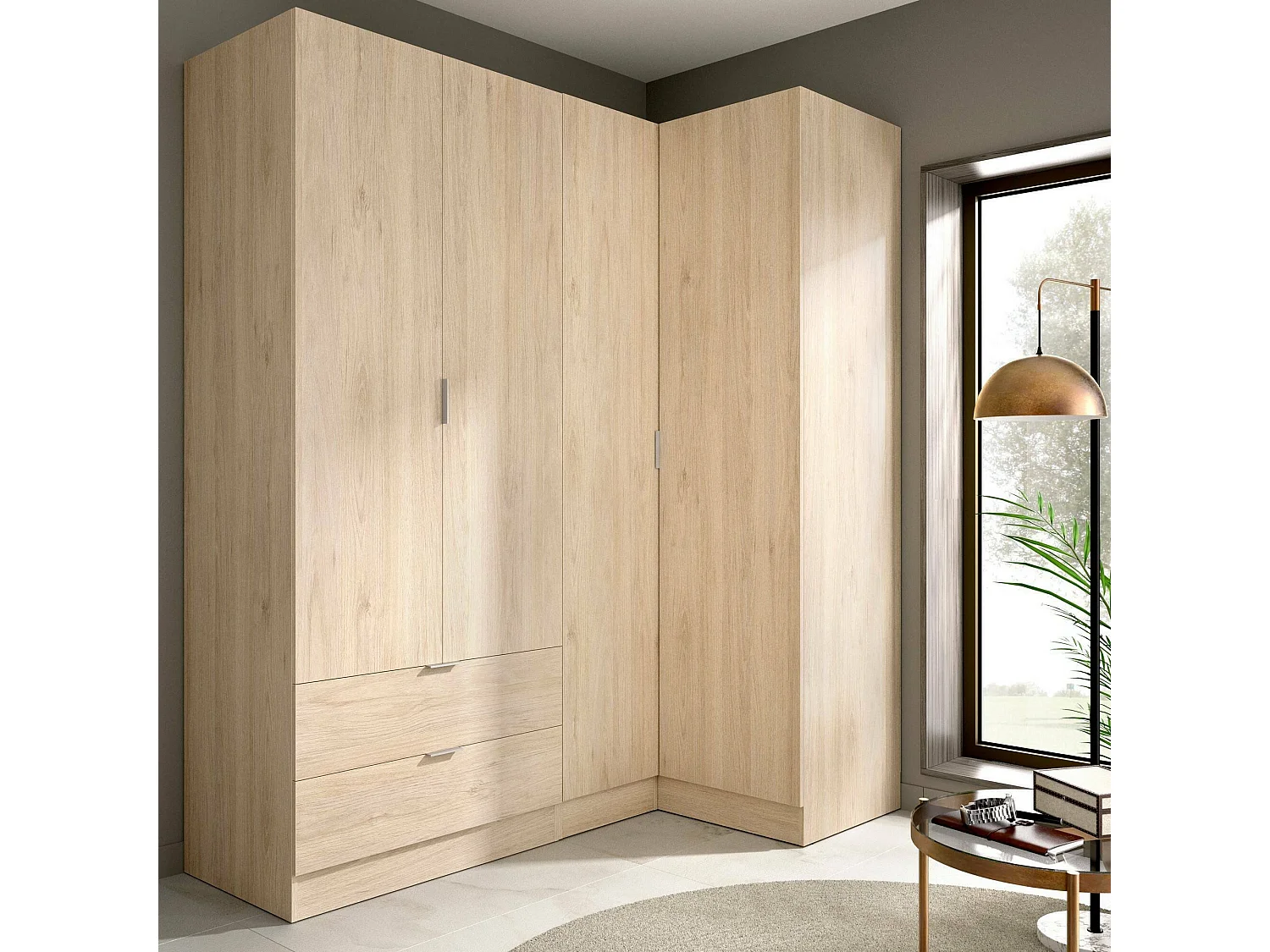 Dmellin kledingkast, Hoekkast voor slaapkamer, Hoekkast met 4 draaideuren, 174x91h184 cm, Eiken