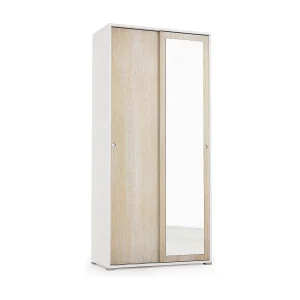 Dmontic kledingkast, Kledingkast met 2 schuifdeuren en spiegel, Kast met kledingroede en planken, 100% Made in Italy, 90x45h195 cm, Eiken en wit