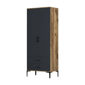 Dpan 2-deurskast, Slaapkamermeubel, Inloopkast, Kledingkast, 80x201h48 cm, Walnoot en Antraciet Dpan 2-deurskast, Slaapkamermeubel, Inloopkast, Kledingkast, 80x201h48 cm, Walnoot en Antraciet