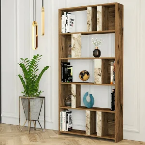 Dbellusc Boekenkast, Kantoor Plank, Boekenkast, Bibliotheek, 90x20h180 cm, Walnoot en Wit Marmer
