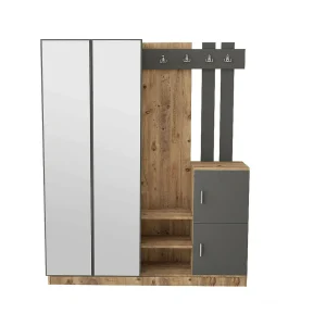 Dgautier-ingangsmeubel, inkomhanger, atriumsomenstelling, muptfunctionele houderhouder, 147x38h180 cm, Eiken en antraciet Dgautier-ingangsmeubel, inkomhanger, atriumsomenstelling, muptfunctionele houderhouder, 147x38h180 cm, Eiken en antraciet