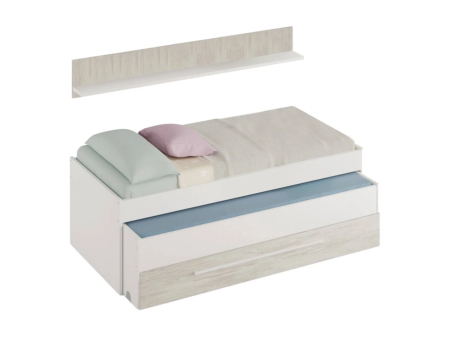 Dmialic eenpersoonsbed, Bedstructuur voor slaapkamer, Eenpersoonsbed met uitschuifbaar bed en lade en bijpassende plank, 199x96h65 cm, Wit