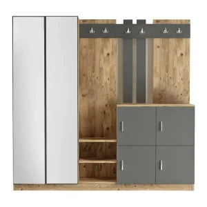 Dnikolao entreekast, Klerenhanger ingang, Atrium samenstelling, Multifunctionele opbergconsole, 187x38h180 cm, Eiken en Antraciet Dnikolao entreekast, Klerenhanger ingang, Atrium samenstelling, Multifunctionele opbergconsole, 187x38h180 cm, Eiken en Antraciet