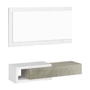 Dhasi entreemeubilair, Omkeerbare entree met spiegel, Halmeubel met lade, Zakblad voor appartementen, 95x26h69 cm, Wit en Eiken Dhasi entreemeubilair, Omkeerbare entree met spiegel, Halmeubel met lade, Zakblad voor appartementen, 95x26h69 cm, Wit en Eiken