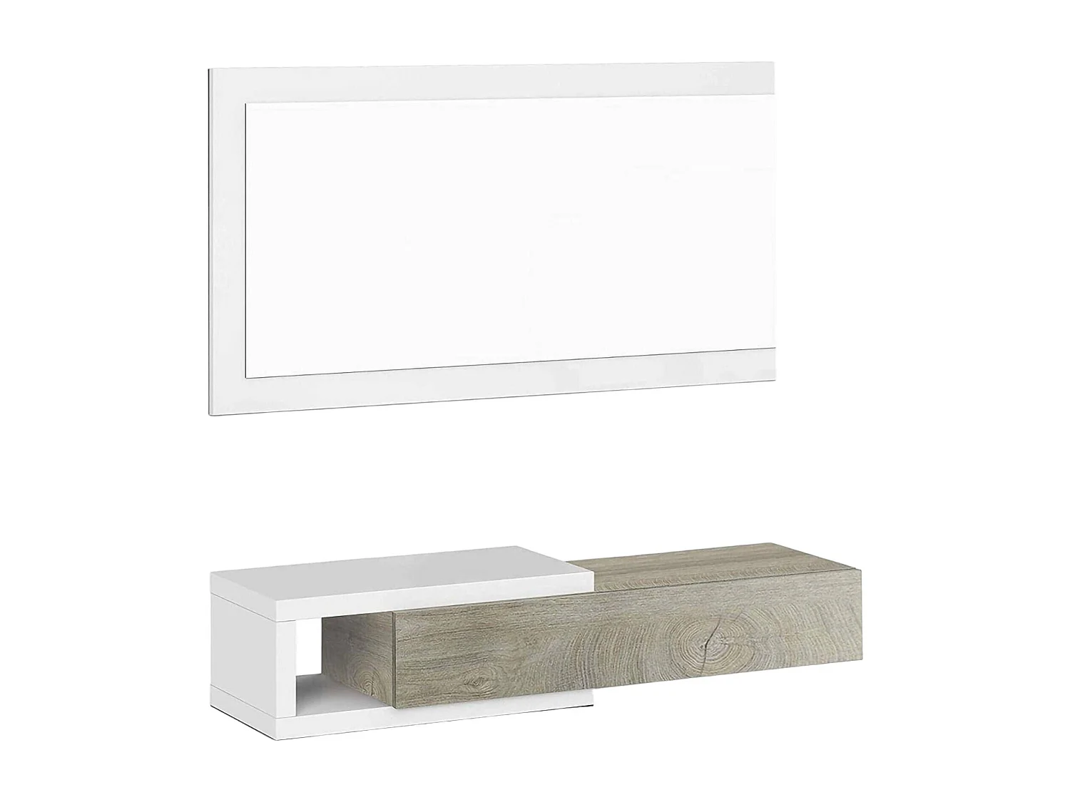 Dhasi entreemeubilair, Omkeerbare entree met spiegel, Halmeubel met lade, Zakblad voor appartementen, 95x26h69 cm, Wit en Eiken