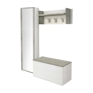 Djohnse entreemeubel, Moderne entree met kleerhanger, Kast met schoenenrek, Kast met spiegel, 50x32h182 cm, Wit en Cement Djohnse entreemeubel, Moderne entree met kleerhanger, Kast met schoenenrek, Kast met spiegel, 50x32h182 cm, Wit en Cement