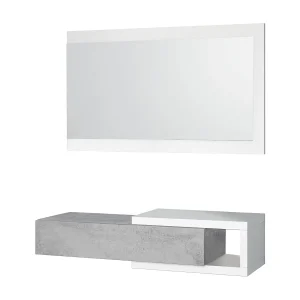 Dhasi entreemeubilair, Omkeerbare entree met spiegel, Halmeubel met lade, Zakblad voor appartementen, 95x26h69 cm, Wit en Cement Dhasi entreemeubilair, Omkeerbare entree met spiegel, Halmeubel met lade, Zakblad voor appartementen, 95x26h69 cm, Wit en Cement
