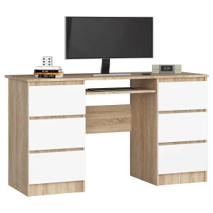 Bureau A-11 met 6 Laden, Sonoma Eiken/Wit, 135x77x50 cm, Laminaatplaat, ABS Rand, Matte Afwerking, Uitschuifbaar Toetsenbordpaneel, Zelfmontage, Modern Design