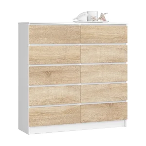 Ladekast K120 met 10 Lades / AKORD Furniture Factory / Wit – Sonoma Eik / 120 x 121 x 40 cm