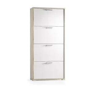 Dmarcat schoenenrek, multifunctioneel entreemeubilair met 4 vouwdeuren, schoenenkast met dubbele diepte, 100% Made in Italy, 67x28h147 cm, Wit en Elm Dmarcat schoenenrek, multifunctioneel entreemeubilair met 4 vouwdeuren, schoenenkast met dubbele diepte, 100% Made in Italy, 67x28h147 cm, Wit en Elm