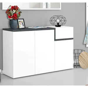 Dmessia schoenenrek, multifunctionele kast met 3 deuren en 1 vouwdeur, entree schoenenrek, 100% Made in Italy, 120x40h80 cm, glanzend wit en leisteen