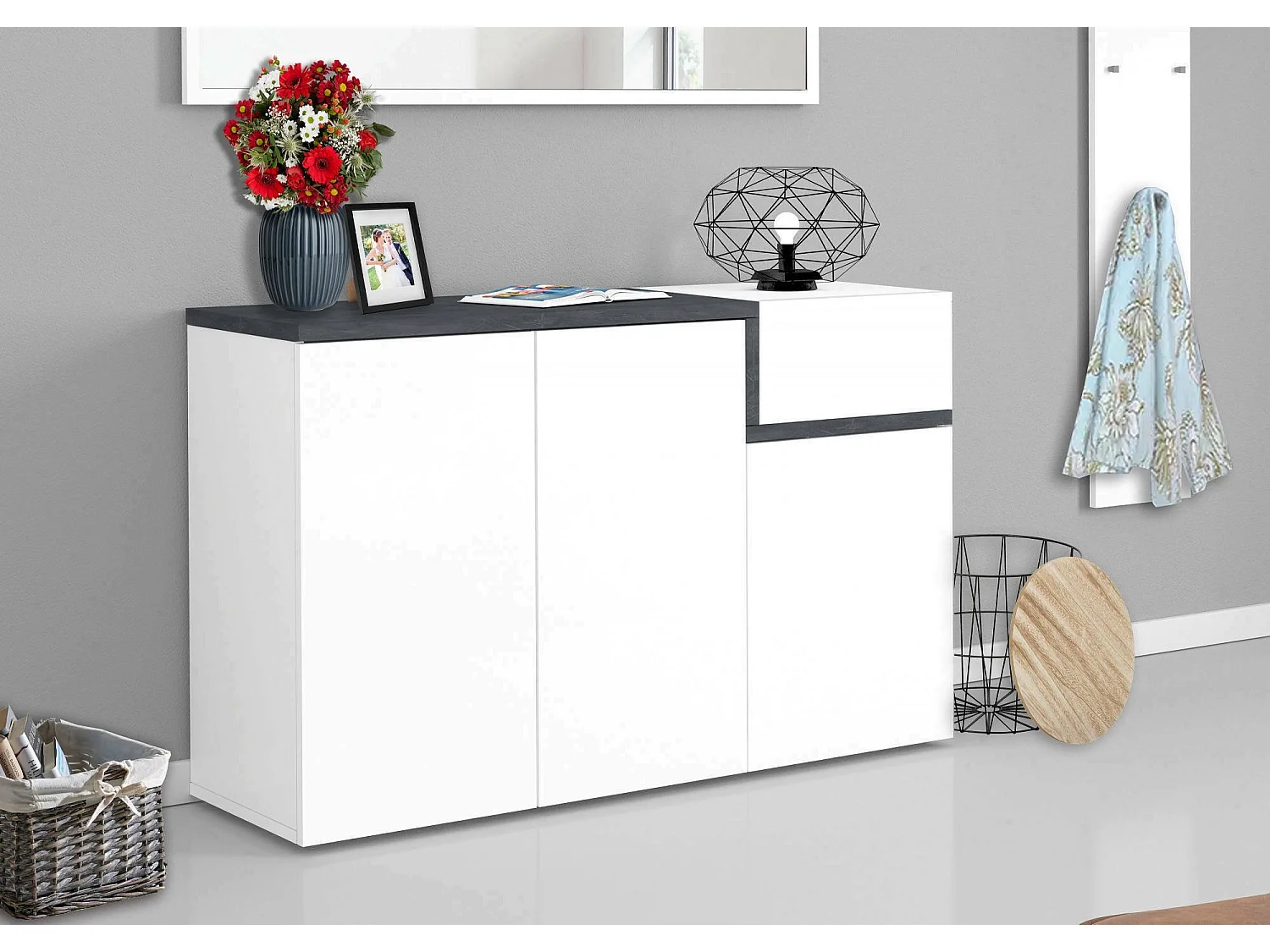Dmessia schoenenrek, multifunctionele kast met 3 deuren en 1 vouwdeur, entree schoenenrek, 100% Made in Italy, 120x40h80 cm, glanzend wit en leisteen