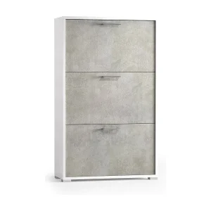 Dlos schoenenrek, multifunctioneel entreemeubilair met 3 vouwdeuren, schoenenkast met dubbele diepte, 100% Made in Italy, 67x28h112 cm, Wit en cement Dlos schoenenrek, multifunctioneel entreemeubilair met 3 vouwdeuren, schoenenkast met dubbele diepte, 100% Made in Italy, 67x28h112 cm, Wit en cement