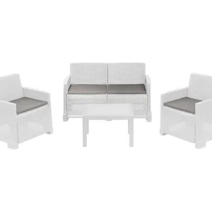 Dbagnolin outdoor loungeset, Tuinset met 2 fauteuils, 1 bank en 1 salontafel, Rotan effect met kussens, 100% Made in Italy, Wit Dbagnolin outdoor loungeset, Tuinset met 2 fauteuils, 1 bank en 1 salontafel, Rotan effect met kussens, 100% Made in Italy, Wit