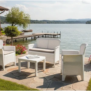 Debois buiten woonkamer set, Tuin set met 2 fauteuils, 1 bank en 1 salontafel, Rotan effect woonkamer met kussens, 100% Made in Italy, Wit