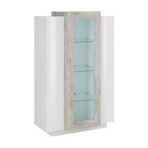 Dfrutt vitrine, Dressoir met drie deuren, Multifunctioneel woonkamermeubilair, 100% Made in Italy, 80x38h121 cm, Glanzend wit en beton Dfrutt vitrine, Dressoir met drie deuren, Multifunctioneel woonkamermeubilair, 100% Made in Italy, 80x38h121 cm, Glanzend wit en beton