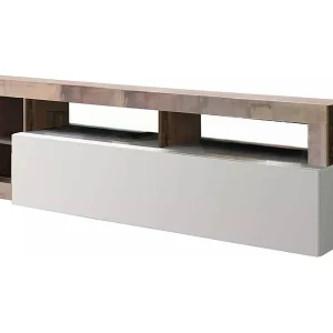 Dbald TV-meubel, Woonkamerdressoir, Lage tv-kast, Uitgeruste muurbasis, Made in Italy, 184×42 h58 cm, Glanzend wit en acacia