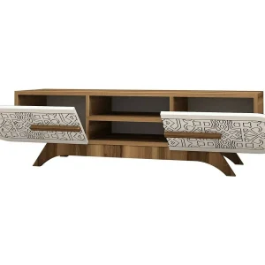 Desposit tv-meubel, bijzetmeubel, lage tv-meubel, wandstandaard, 145x37h37 cm, walnoot en wit Desposit tv-meubel, bijzetmeubel, lage tv-meubel, wandstandaard, 145x37h37 cm, walnoot en wit