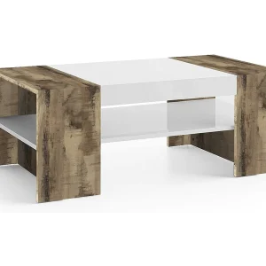 Dfort salontafel, Lage salontafel, Tijdschriftenrek, 100% Made in Italy, 110x60h40 cm, Glanzend wit en Esdoorn Dfort salontafel, Lage salontafel, Tijdschriftenrek, 100% Made in Italy, 110x60h40 cm, Glanzend wit en Esdoorn