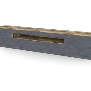 Dafrim TV-meubel, Laag woonkamerdressoir met 3 deuren, TV-meubelbasis, 100% Made in Italy, 200x40h37 cm, Esdoorn en Leisteen, met LED-licht