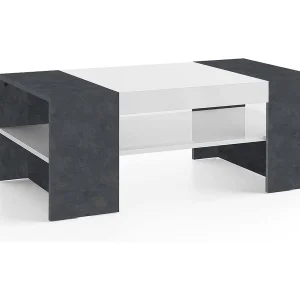 Dfort salontafel, Lage salontafel, Tijdschriftenrek, 100% Made in Italy, 110x60h40 cm, Glanzend wit en leisteen Dfort salontafel, Lage salontafel, Tijdschriftenrek, 100% Made in Italy, 110x60h40 cm, Glanzend wit en leisteen