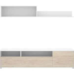 Dgriffi wandsysteem, Samenstelling woonkamer, Multifunctioneel woonkamermeubilair, TV-kast, 180×35 h44 cm, Wit en Eiken Dgriffi wandsysteem, Samenstelling woonkamer, Multifunctioneel woonkamermeubilair, TV-kast, 180×35 h44 cm, Wit en Eiken