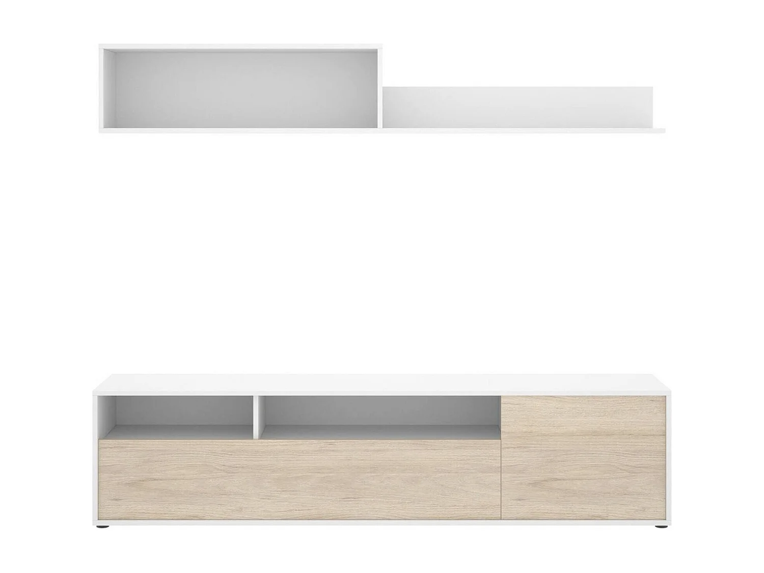 Dgriffi wandsysteem, Samenstelling woonkamer, Multifunctioneel woonkamermeubilair, TV-kast, 180x35 h44 cm, Wit en Eiken