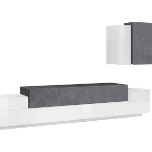 Dmar wandsysteem, TV-meubel woonkamerset, Multifunctioneel woonkamermeubilair, 100% Made in Italy, 240x45h180 cm, Glanzend wit en leisteen