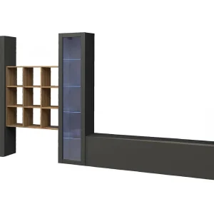 Dmora Woonwand Davis 30x310x180h cm Antraciet Zwart 18 Planken Openslaand en Kantelend, 21 Vakken Made in Italy