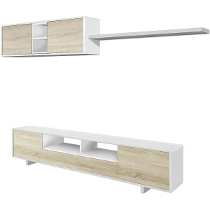 Dafanti wandsysteem, TV meubel woonkamermeubel, Samenstelling woonkamerset, Woonkamerset met wandmeubel, 260x41h46 cm, Glanzend wit en eiken Dafanti wandsysteem, TV meubel woonkamermeubel, Samenstelling woonkamerset, Woonkamerset met wandmeubel, 260x41h46 cm, Glanzend wit en eiken