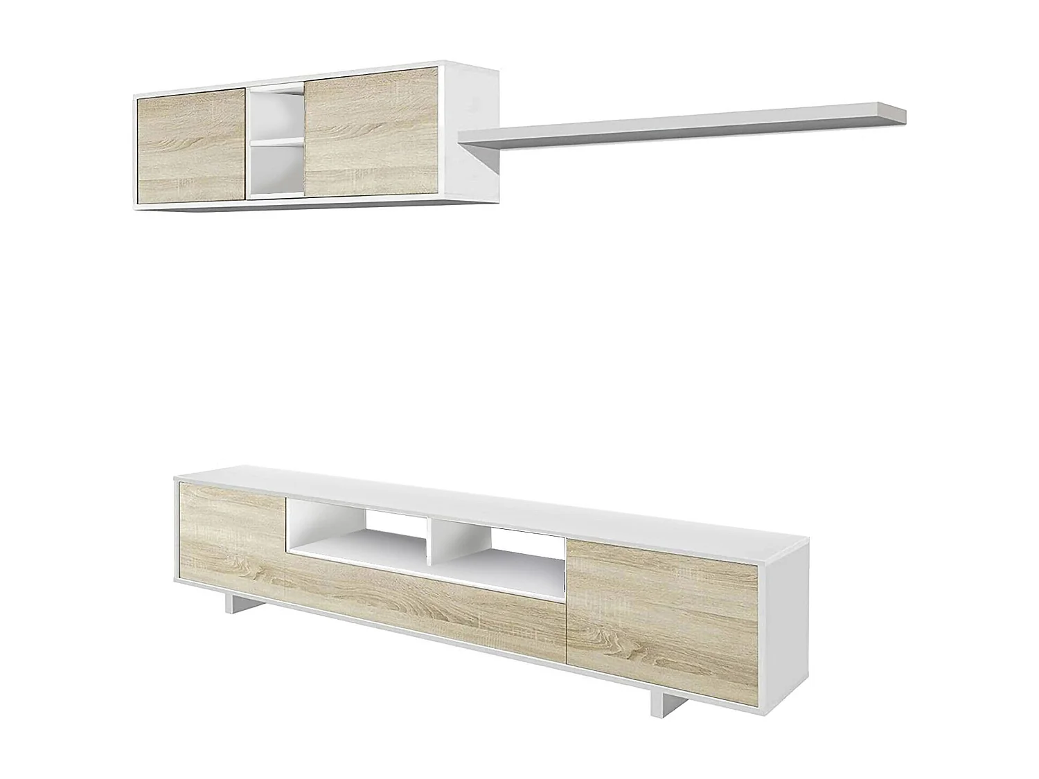 Dafanti wandsysteem, TV meubel woonkamermeubel, Samenstelling woonkamerset, Woonkamerset met wandmeubel, 260x41h46 cm, Glanzend wit en eiken