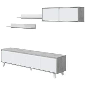 Dmuldu wandsysteem, Woonkamerset, Multifunctioneel woonkamermeubilair, Modern wandsysteem, 200x41h50 cm, Cement en Glanzend Wit