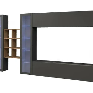 Dmora Woonwand Demetrio 30x280x180h cm Antraciet 18 Planken, 20 Vakken, Scharnier- en Klepdeuren, Made in Italy