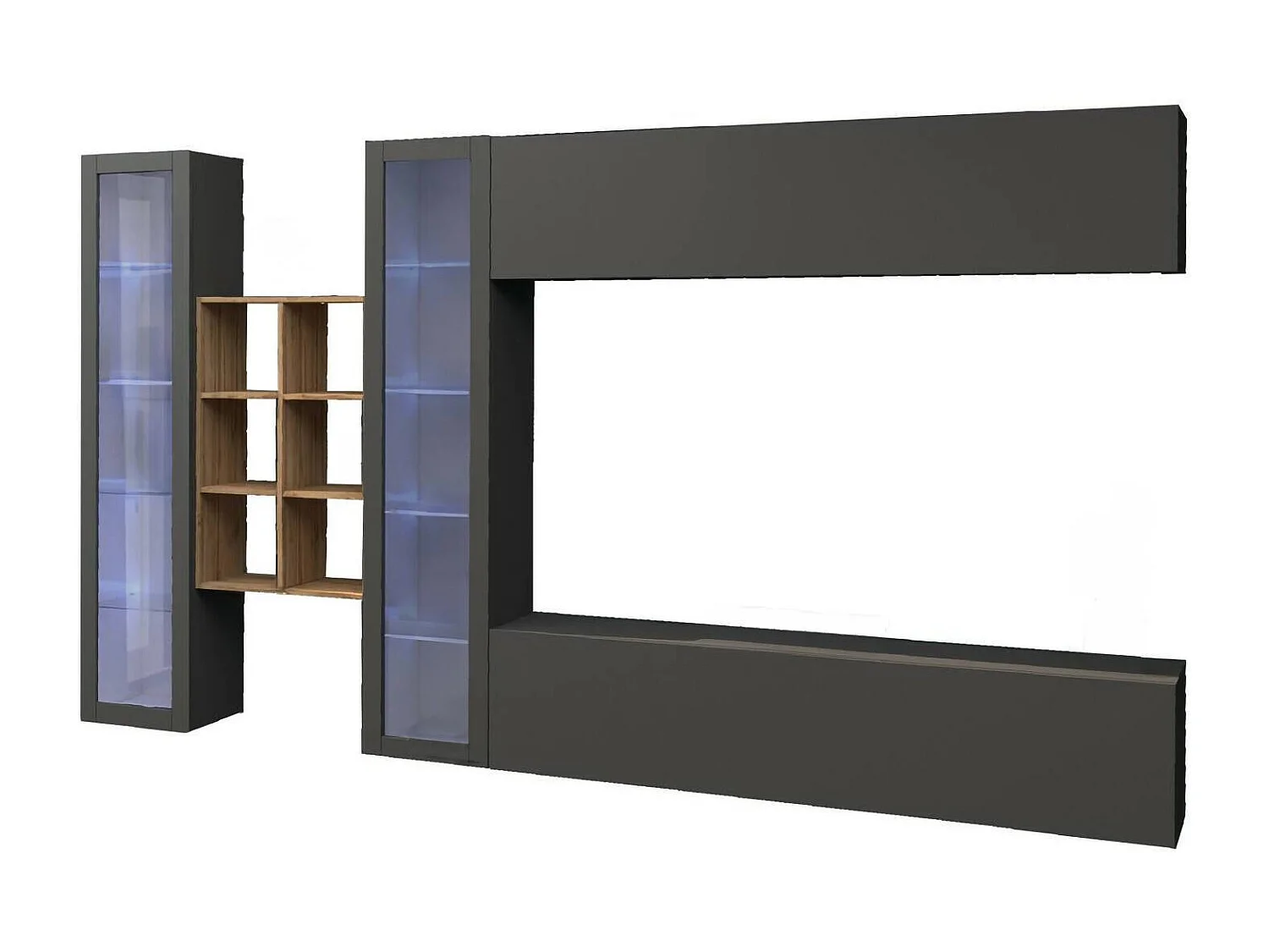 Dmora Woonwand Demetrio 30x280x180h cm Antraciet 18 Planken, 20 Vakken, Scharnier- en Klepdeuren, Made in Italy