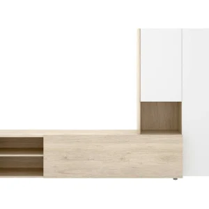 Dhughe wandsysteem, Samenstelling woonkamer, Multifunctioneel woonkamermeubilair, TV-kast, 227×40 h141 cm, Wit en Eiken Dhughe wandsysteem, Samenstelling woonkamer, Multifunctioneel woonkamermeubilair, TV-kast, 227×40 h141 cm, Wit en Eiken