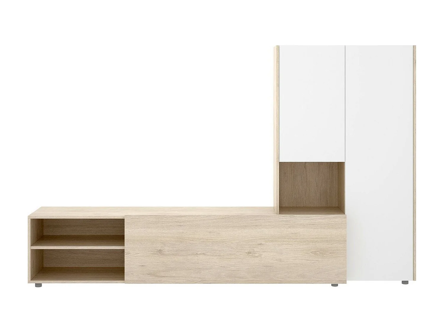Dhughe wandsysteem, Samenstelling woonkamer, Multifunctioneel woonkamermeubilair, TV-kast, 227x40 h141 cm, Wit en Eiken