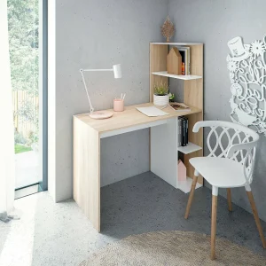 Dlup bureau, lineair bureau met boekenkast, ruimtebesparende multifunctionele kantoortafel, 110x52h136 cm, wit en eiken