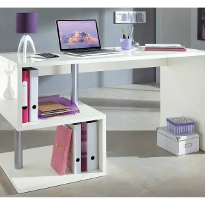 Dmorisc bureau, Lineair pc-bureau, Multifunctionele kantoortafel, Ruimtebesparend bureau met meerdere posities, 100% gemaakt in Italië, 140x60h78 cm, Glanzend wit