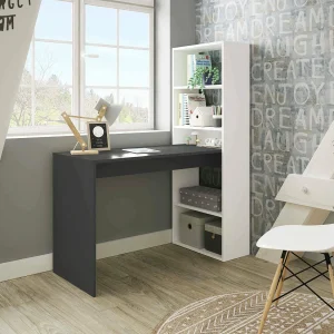 Dacarte Bureau, Omkeerbaar multifunctioneel bureau met boekenkast met 5 planken, Studeer- of kantoortafel voor pc-boekenhouder, 120x53h144 cm, Wit en antraciet