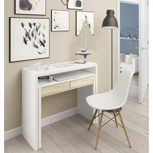 Damodi Bureau, Bureau met uitschuifbaar blad, PC-bureau met 2 laden, 99x36h88 cm, Wit en Eiken Damodi Bureau, Bureau met uitschuifbaar blad, PC-bureau met 2 laden, 99x36h88 cm, Wit en Eiken