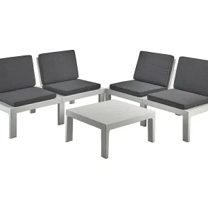 Dmur outdoor loungeset, Tuinset met 4 zitplaatsen met rugleuning en 1 multifunctionele module, Lounge met kussens, 100% Made in Italy, Wit Dmur outdoor loungeset, Tuinset met 4 zitplaatsen met rugleuning en 1 multifunctionele module, Lounge met kussens, 100% Made in Italy, Wit