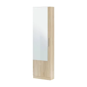 Dcozzol schoenenrek, Hoge schoenenkast met 1 deur, Moderne schoenenkast, Entreekast met spiegel, 50x22h180 cm, Eikenhout