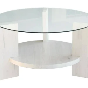 Katachtige salontafel, tijdschriftenhouder, 75x75x40h cm wit, ronde vorm, glazen tafelblad Katachtige salontafel, tijdschriftenhouder, 75x75x40h cm wit, ronde vorm, glazen tafelblad