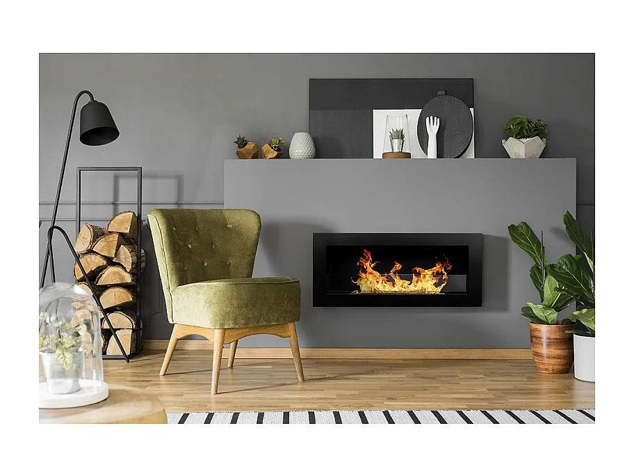 Cheminée bioéthanol murale ou encastrable Livorno Nero L 90 x P 12 x H 40 avec vitre