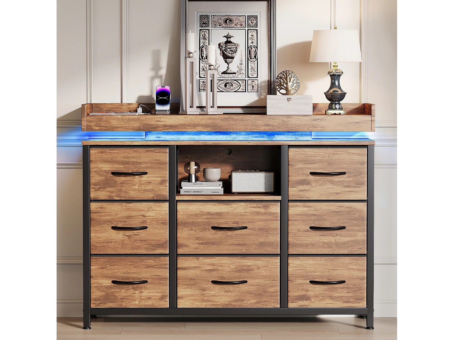 Bruine kast met 8 lades, RGB LED, oplaadpunt, duurzaam kationisch stof - 108x30x82 cm