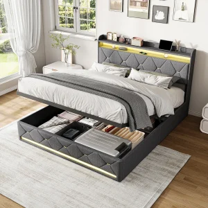 Design opbergbed 140×200 cm grijs linnen met RGB LED-verlichting, USB-poorten & draadloos opladen, opbergruimte met hydraulische pistons