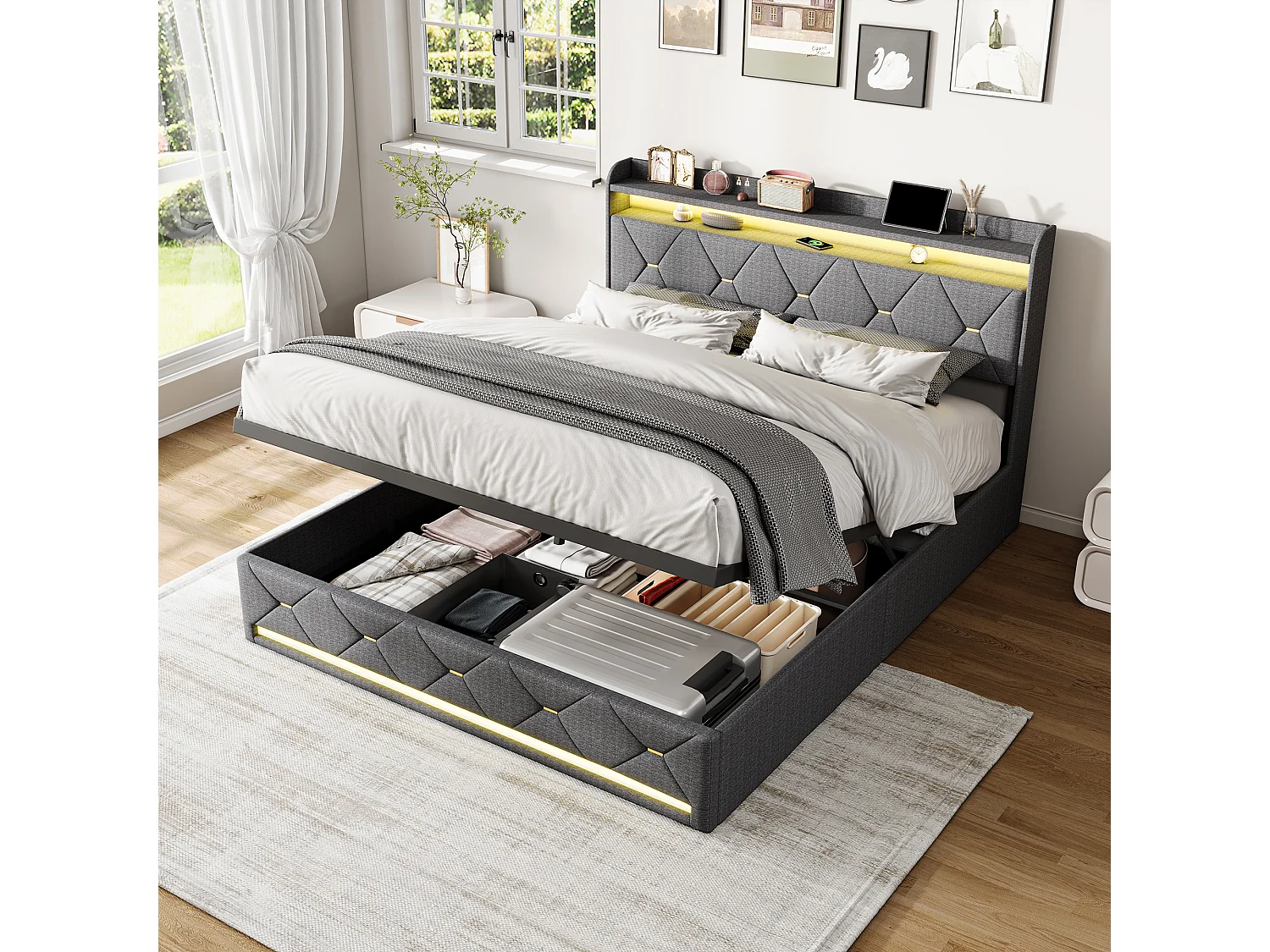 Design opbergbed 140x200 cm grijs linnen met RGB LED-verlichting, USB-poorten & draadloos opladen, opbergruimte met hydraulische pistons