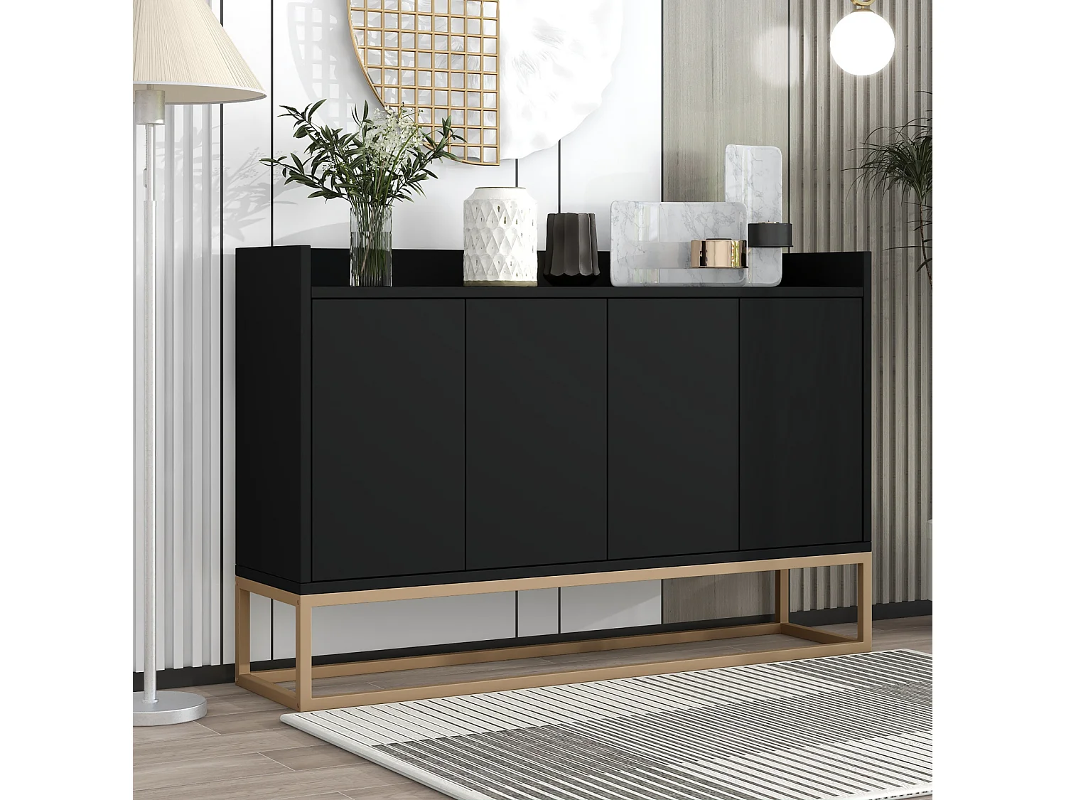 Buffet 4 Deuren Mat Zwart in MDF en Metaal 120x30x80 cm met Verstelbare Planken en Onzichtbare Handgrepen